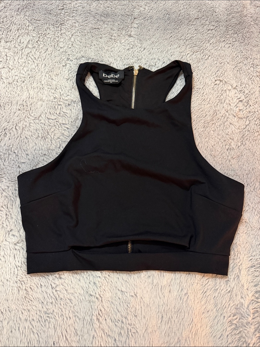 bebe Black High-Neck Racerback Crop Top with Back Zip
